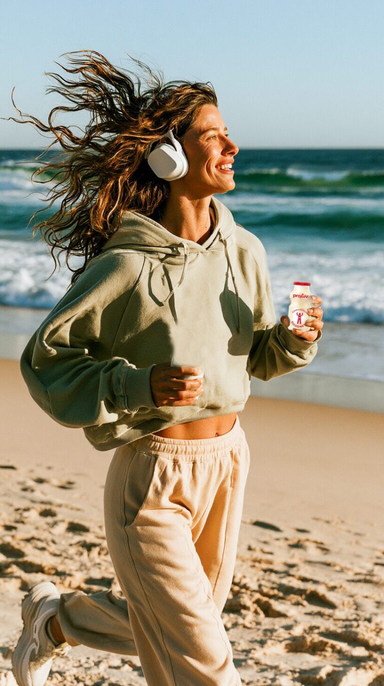 Woman running on the beach with a ProLive bottle