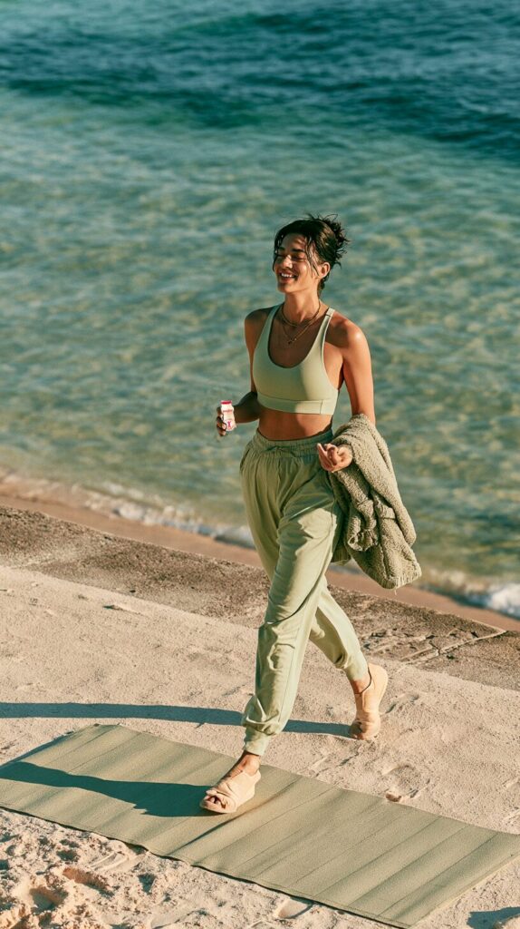 Woman walking by the water on a bright morning with a ProLive bottle