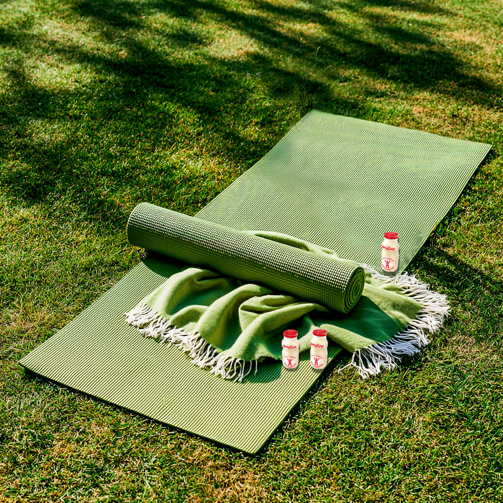A rolled yoga mat on grass with ProLive bottles beside it
